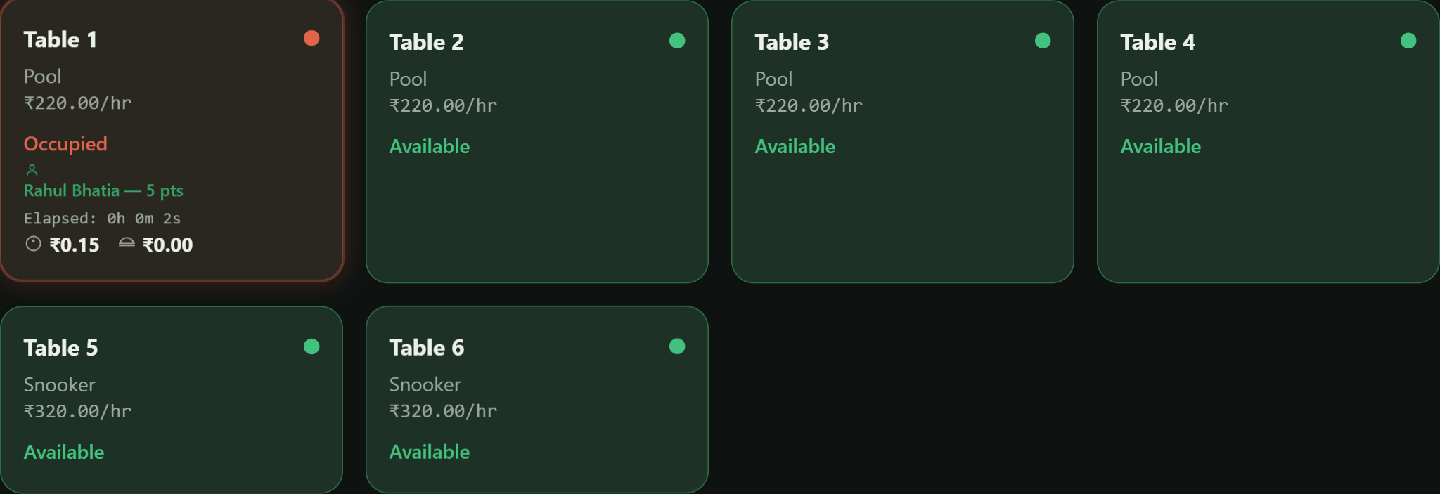 PoolDesk's Dashboard showing all 6 tables with live status, including one occupied table with the customer's name and running total