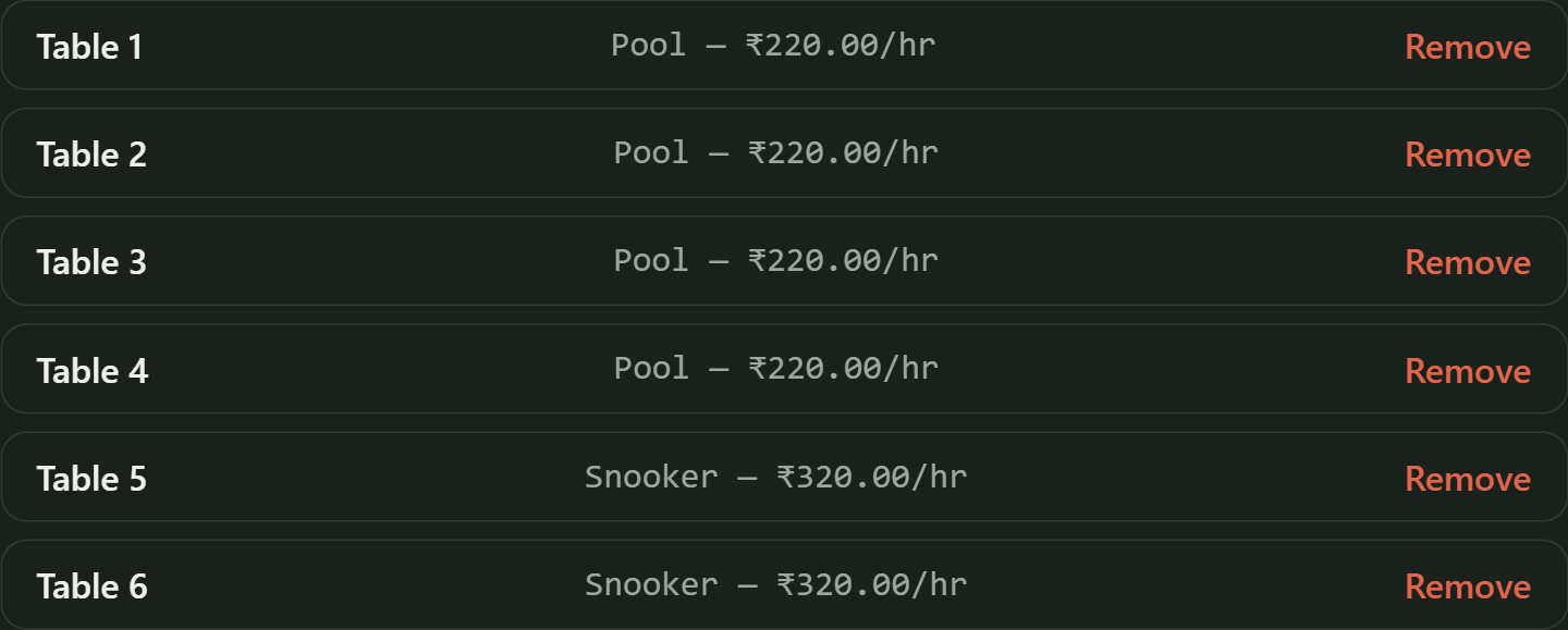 PoolDesk's Tables list showing each table's category and hourly rate