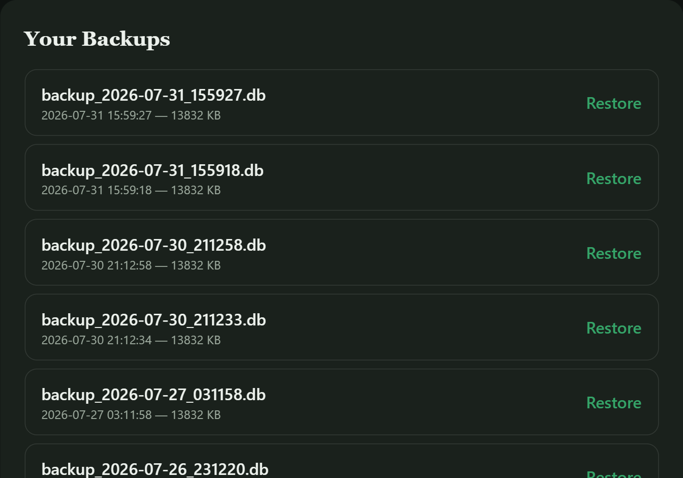 PoolDesk's Backup & Restore screen showing a real list of automatic backups with dates and file sizes
