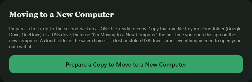 PoolDesk's Moving to a New Computer screen: prepare a fresh backup as one file to copy to a new PC